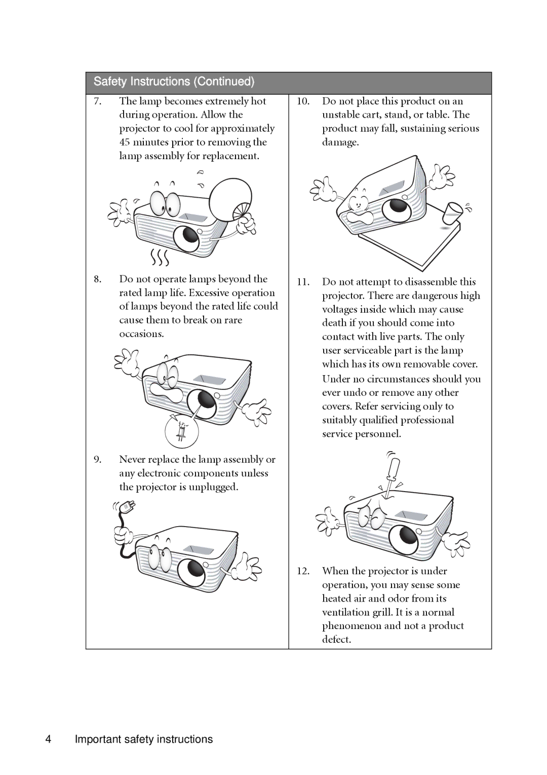 BenQ MP624, MP623 user manual Safety Instructions 