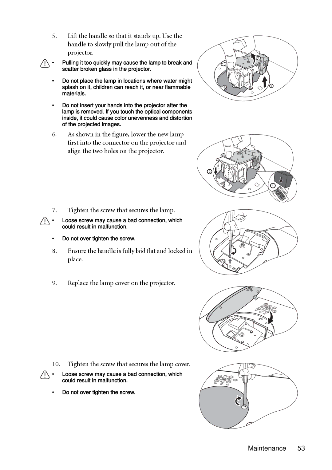 BenQ MP623, MP624 user manual Tighten the screw that secures the lamp 