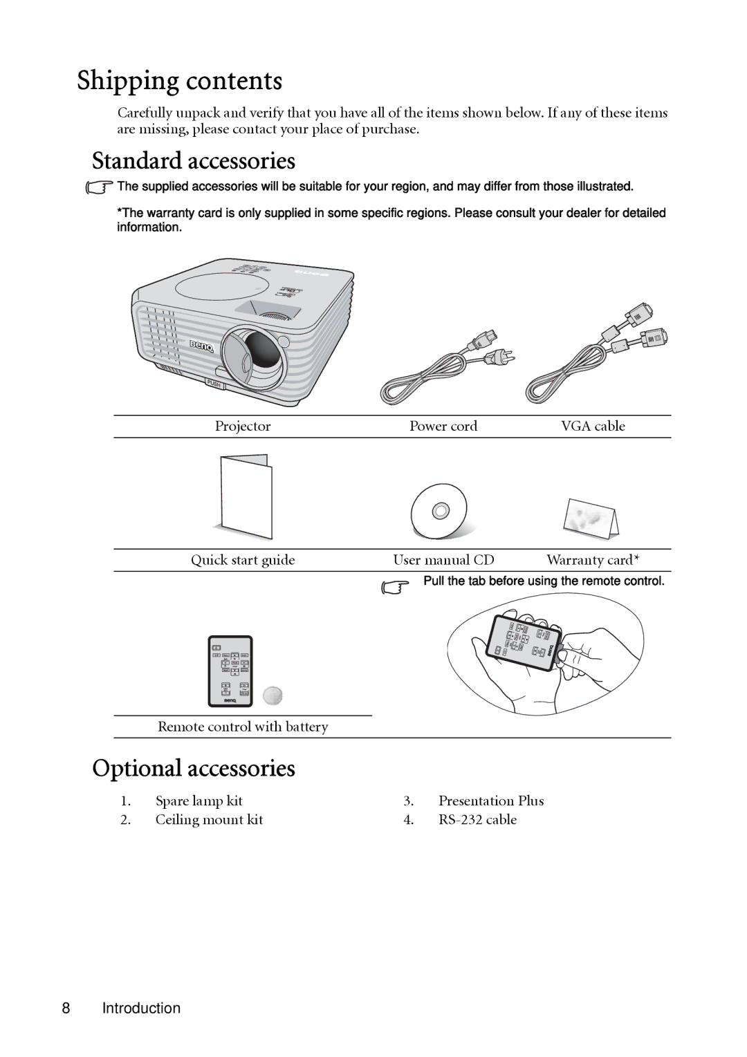 BenQ MP624, MP623 user manual Shipping contents 