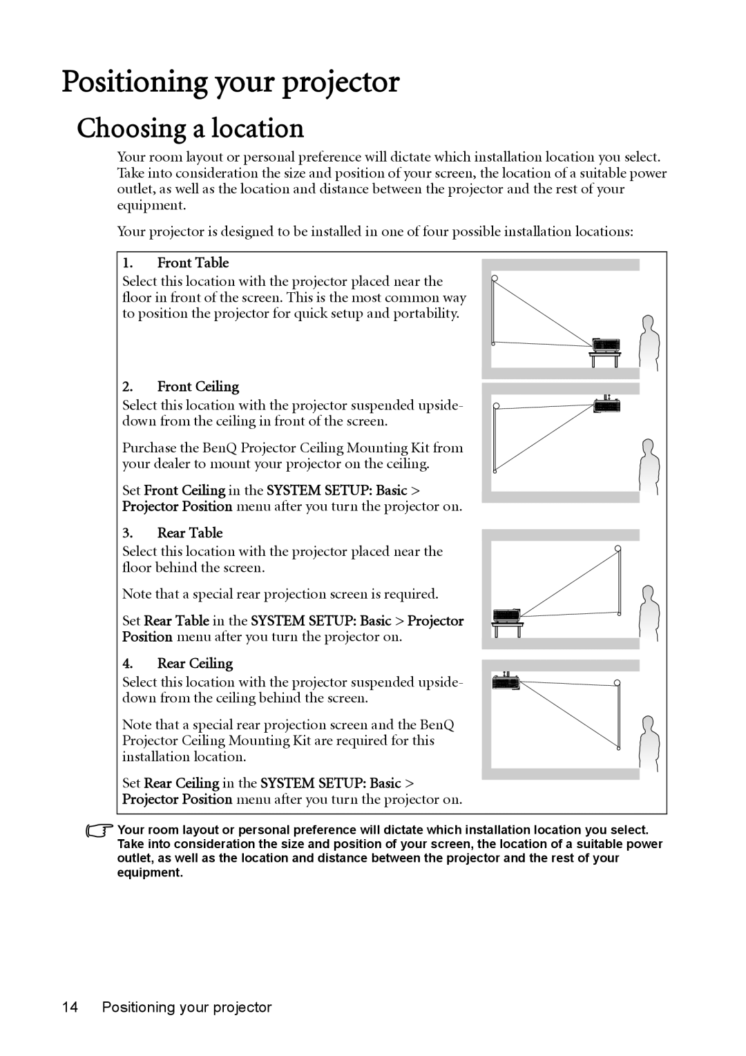 BenQ MP625P user manual Positioning your projector, Choosing a location 