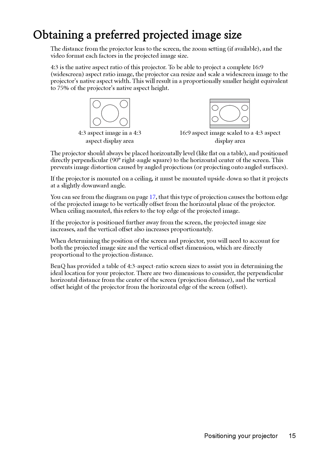 BenQ MP625P user manual Obtaining a preferred projected image size 