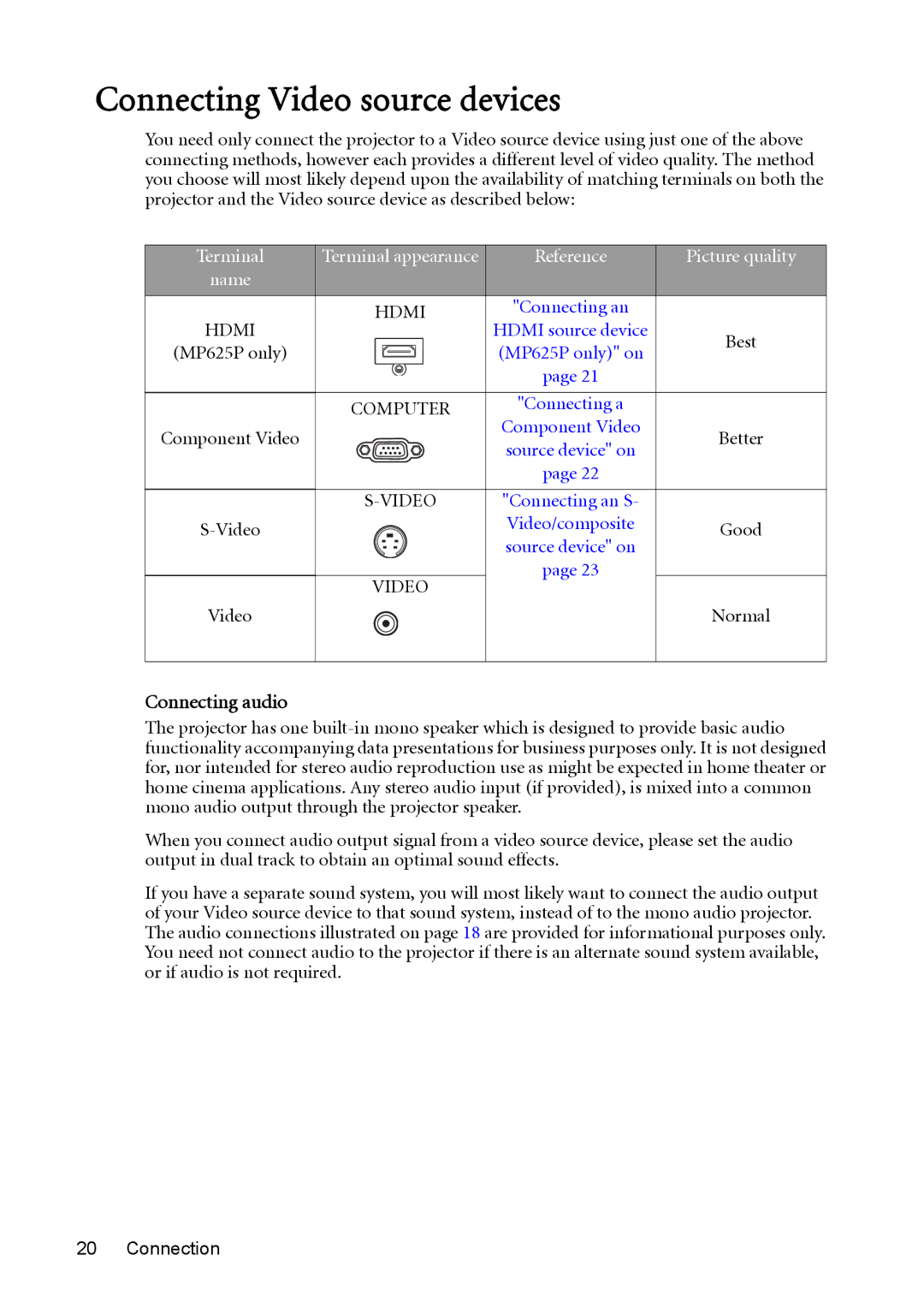 BenQ MP625P user manual Connecting Video source devices, Connecting audio 