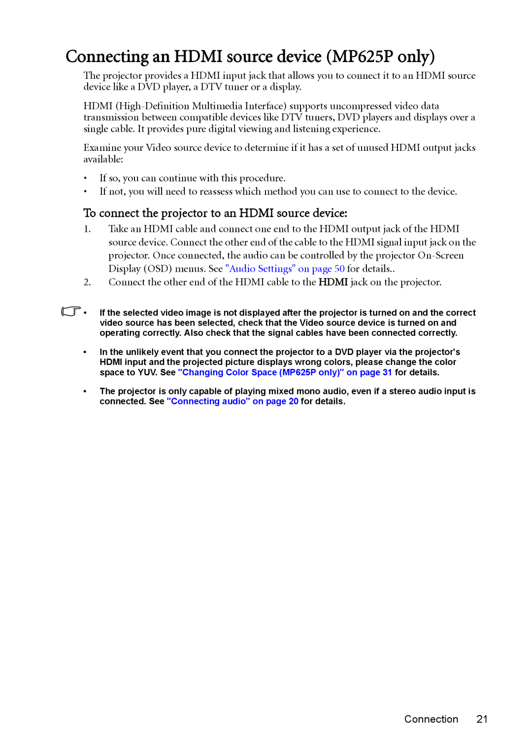 BenQ user manual Connecting an Hdmi source device MP625P only, To connect the projector to an Hdmi source device 