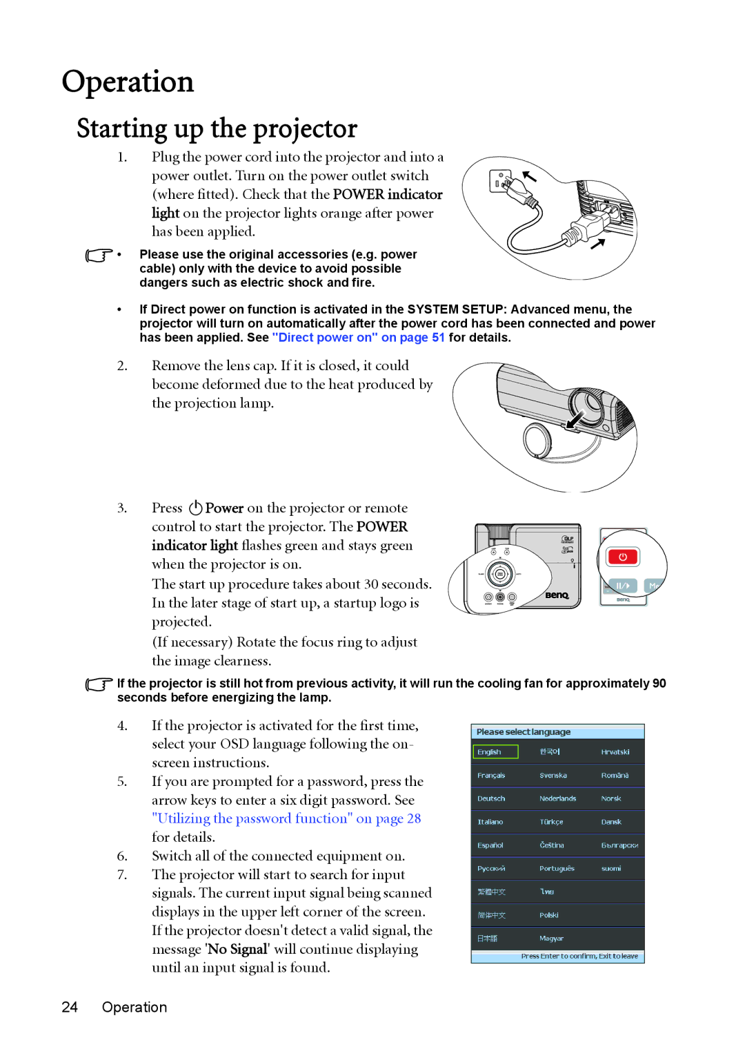 BenQ MP625P user manual Operation, Starting up the projector 