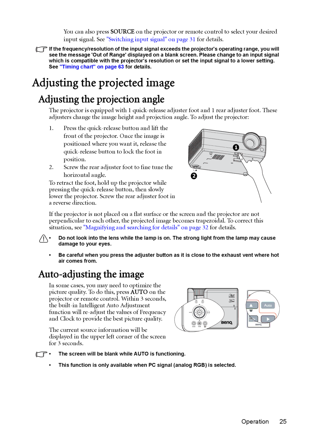 BenQ MP625P user manual Adjusting the projected image, Adjusting the projection angle, Auto-adjusting the image 