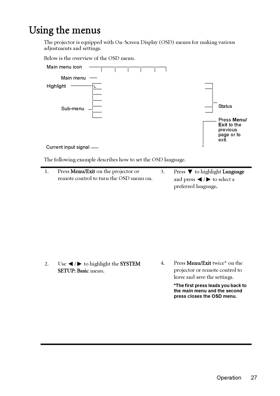 BenQ MP625P user manual Using the menus 