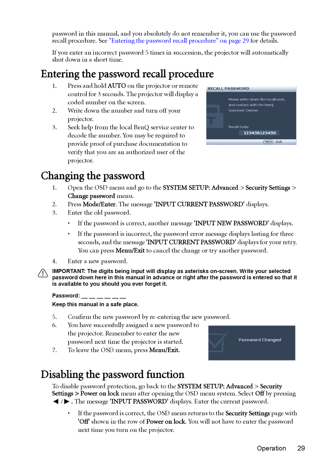 BenQ MP625P user manual Entering the password recall procedure, Changing the password, Disabling the password function 