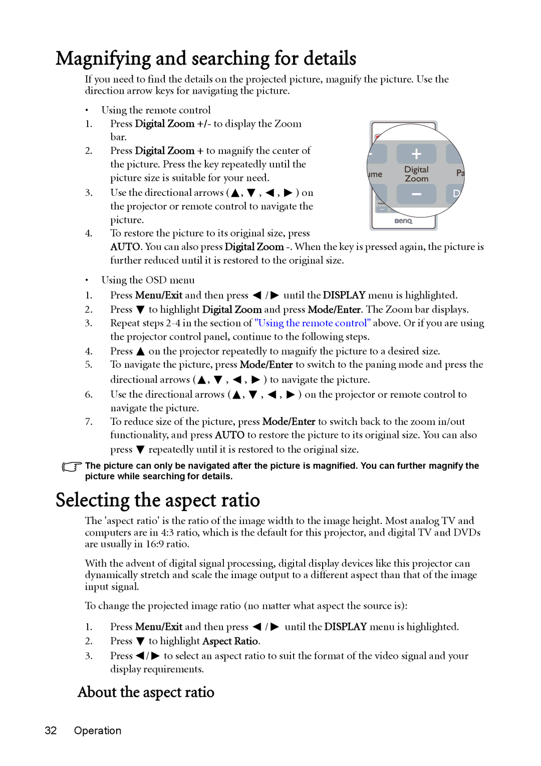 BenQ MP625P user manual Magnifying and searching for details, Selecting the aspect ratio 