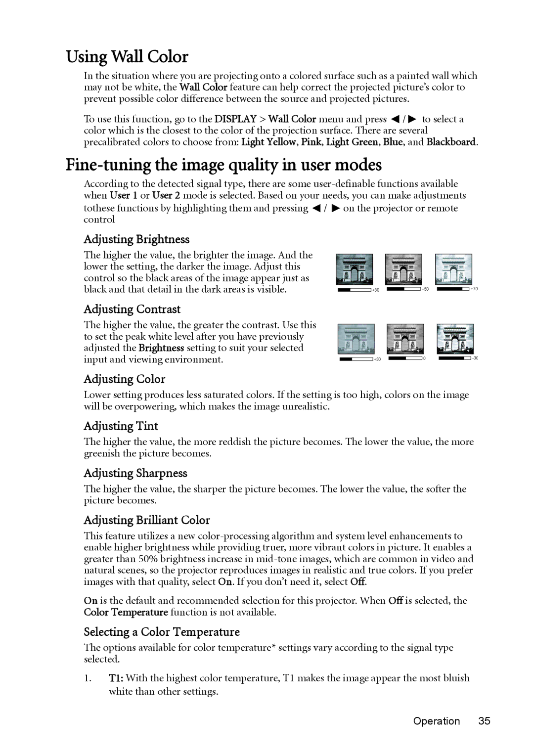 BenQ MP625P user manual Using Wall Color, Fine-tuning the image quality in user modes 