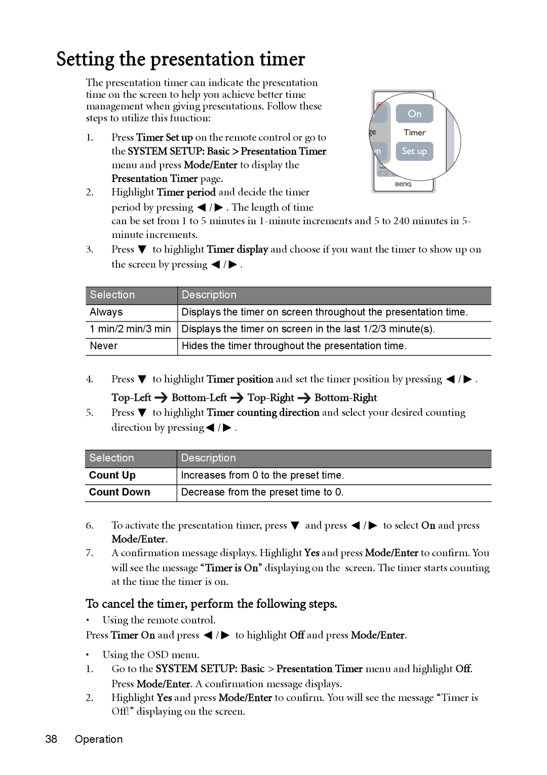 BenQ MP625P Setting the presentation timer, To cancel the timer, perform the following steps, Presentation Timer 