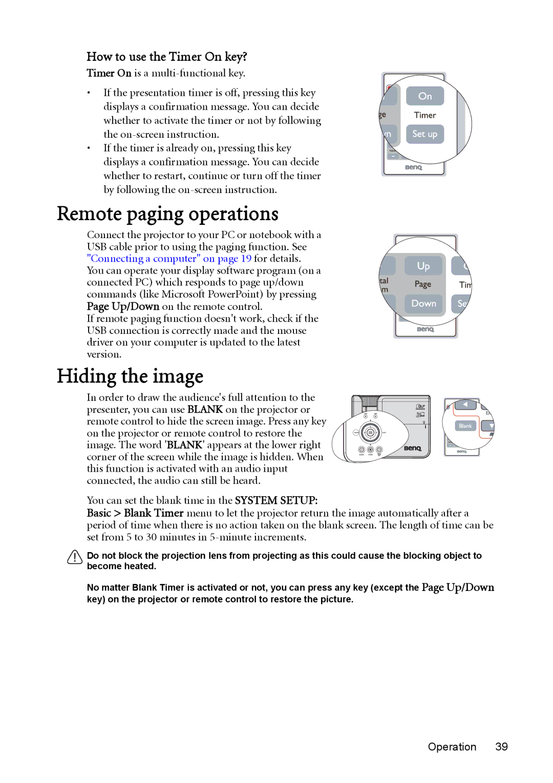 BenQ MP625P user manual Remote paging operations, Hiding the image, How to use the Timer On key? 