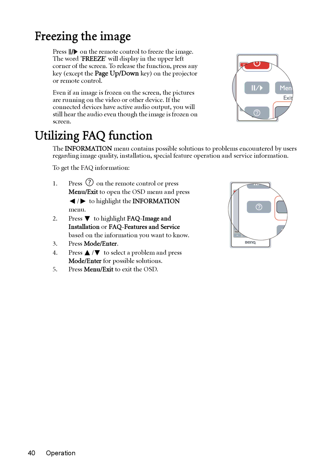 BenQ MP625P user manual Freezing the image, Utilizing FAQ function 