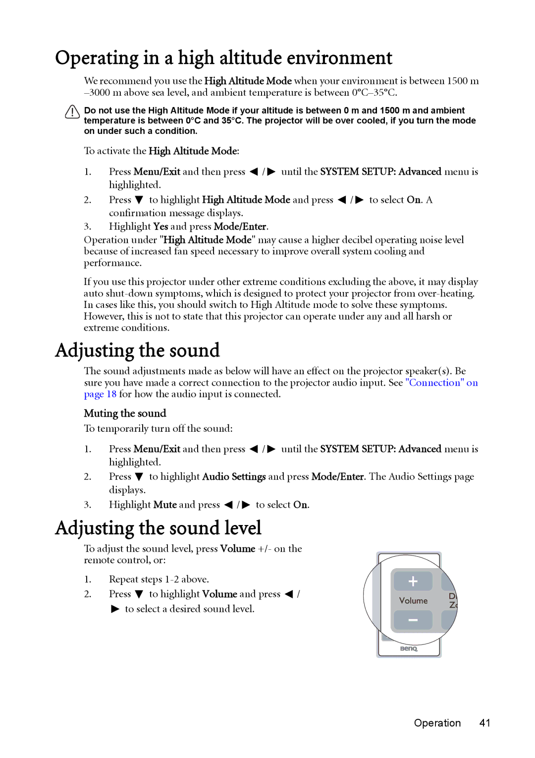 BenQ MP625P user manual Operating in a high altitude environment, Adjusting the sound level, Muting the sound 