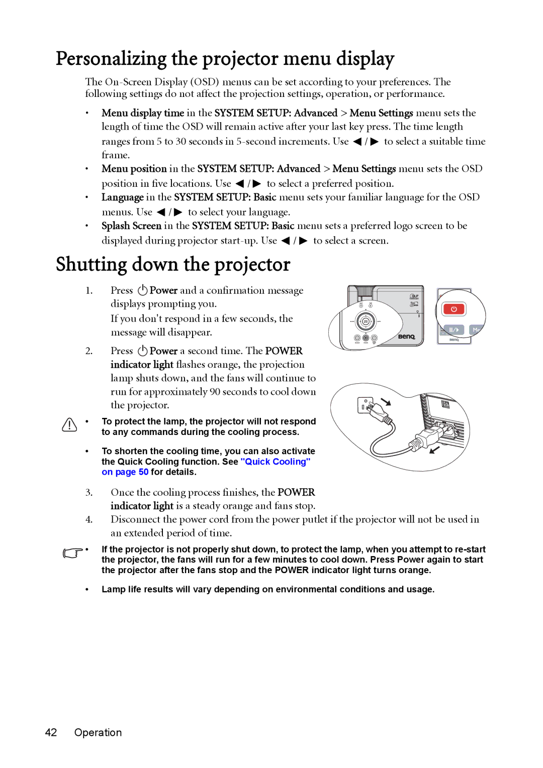 BenQ MP625P user manual Personalizing the projector menu display, Shutting down the projector 