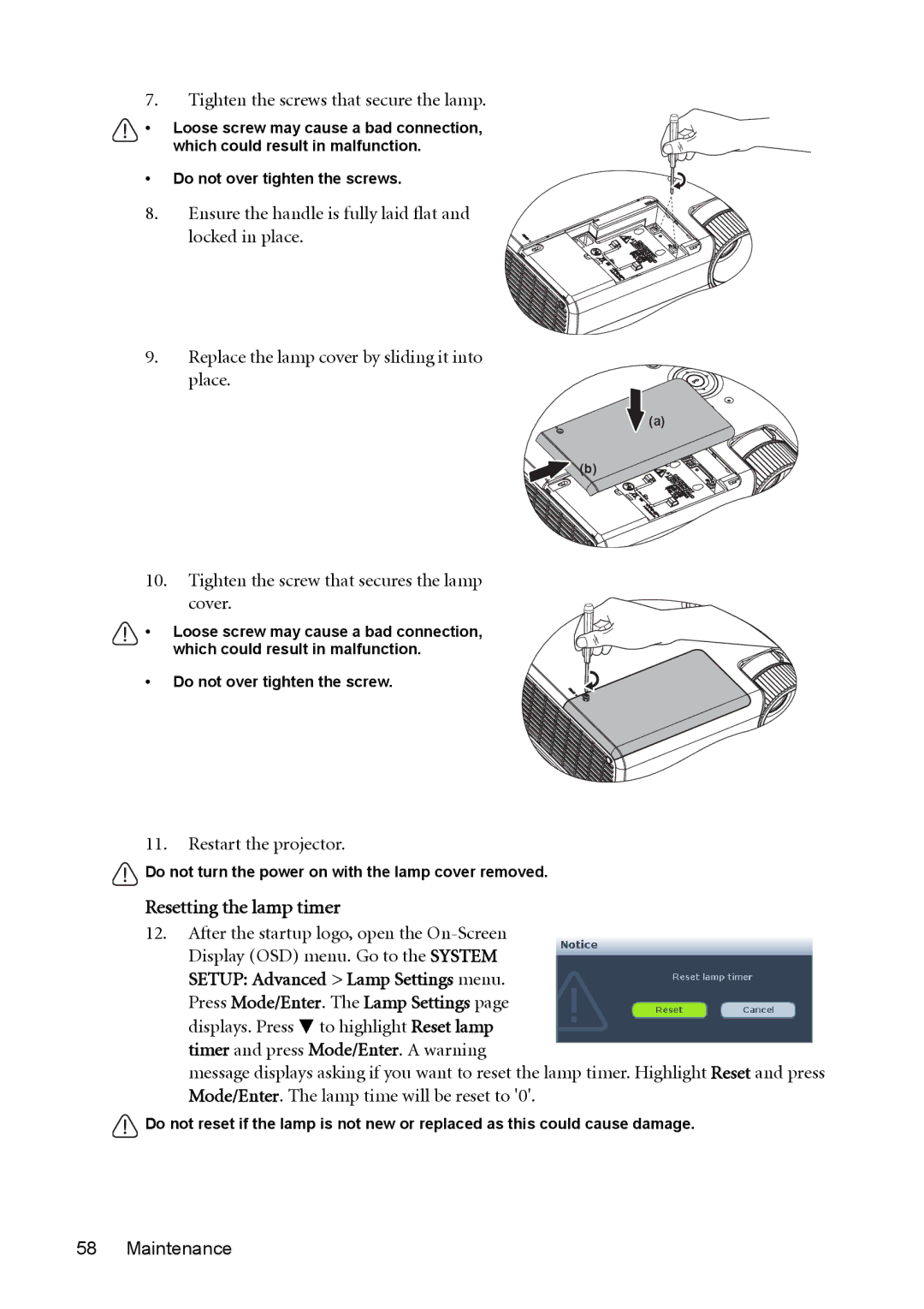 BenQ MP625P user manual Resetting the lamp timer, Tighten the screws that secure the lamp 