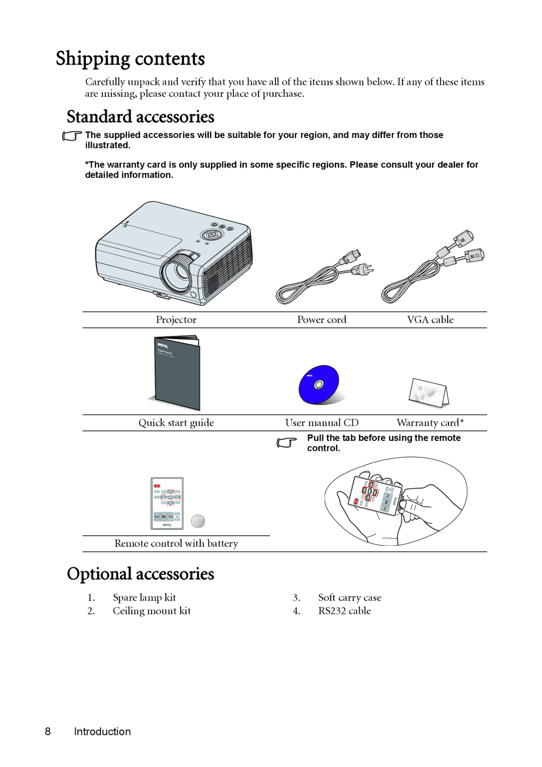 BenQ MP625P user manual Shipping contents 