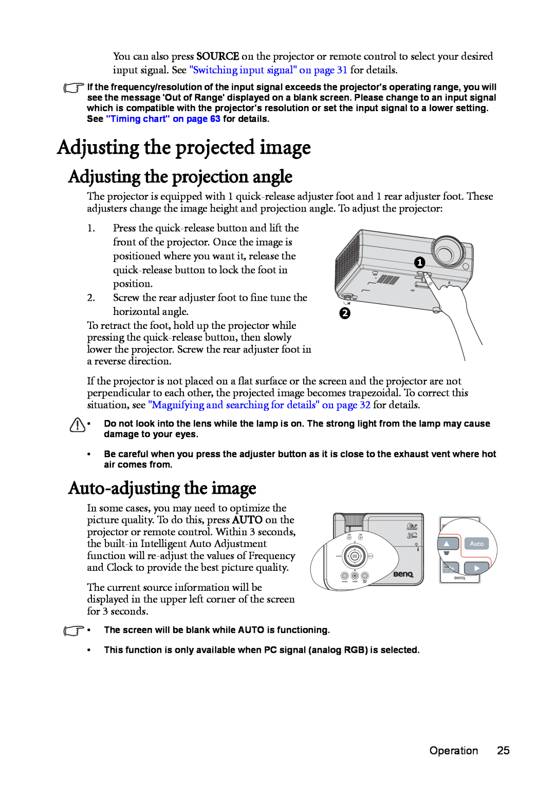 BenQ MP625P Adjusting the projected image, Adjusting the projection angle, Auto-adjusting the image, horizontal angle 