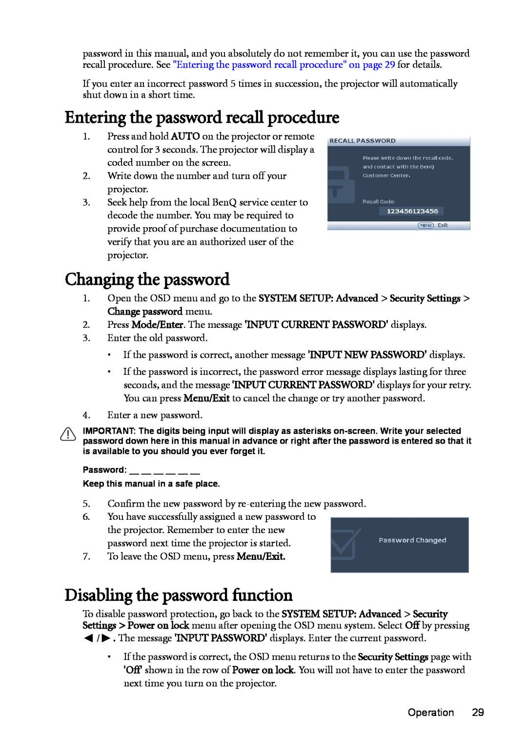 BenQ MP625P user manual Entering the password recall procedure, Changing the password, Disabling the password function 
