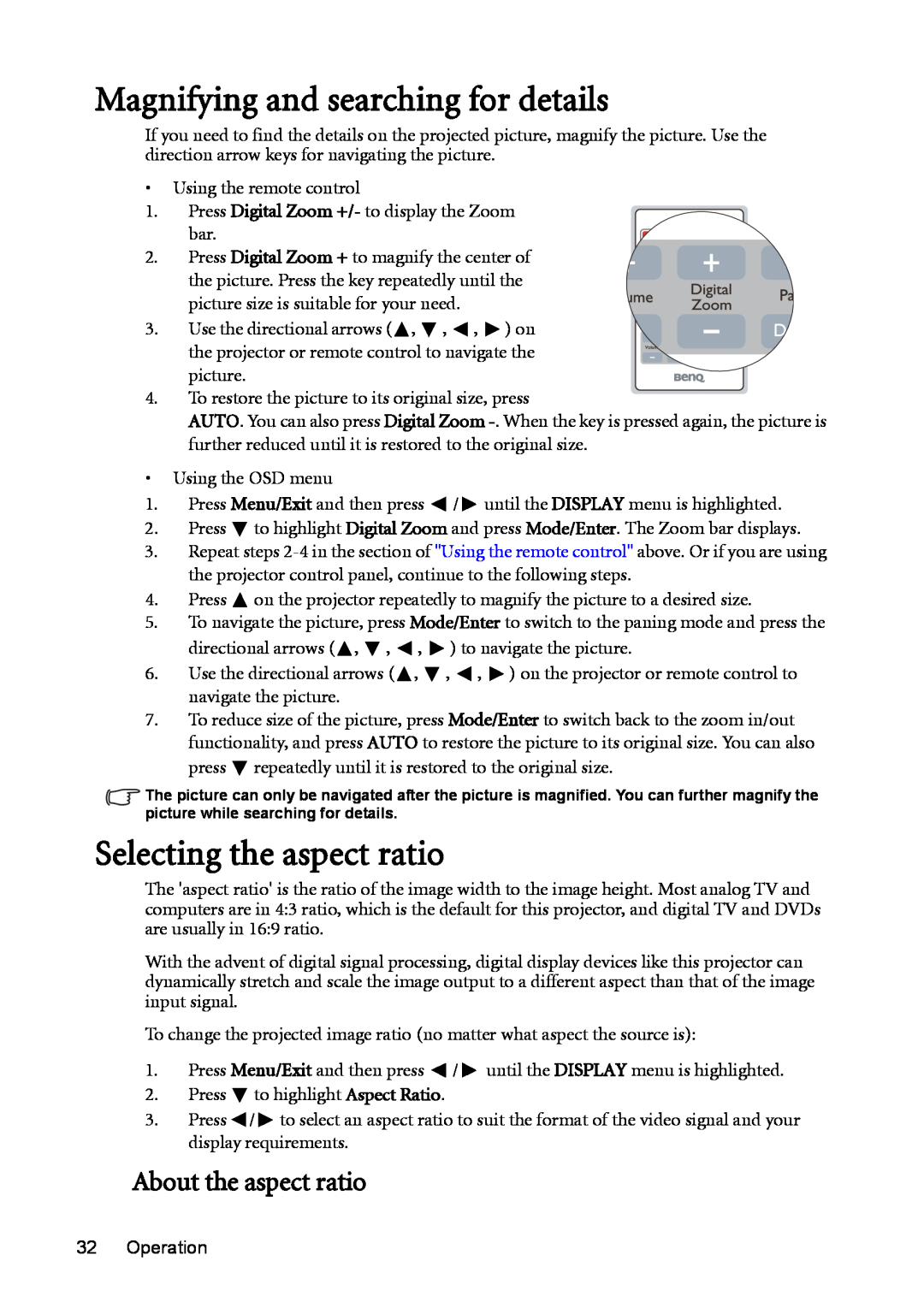 BenQ MP625P user manual Magnifying and searching for details, Selecting the aspect ratio, About the aspect ratio 