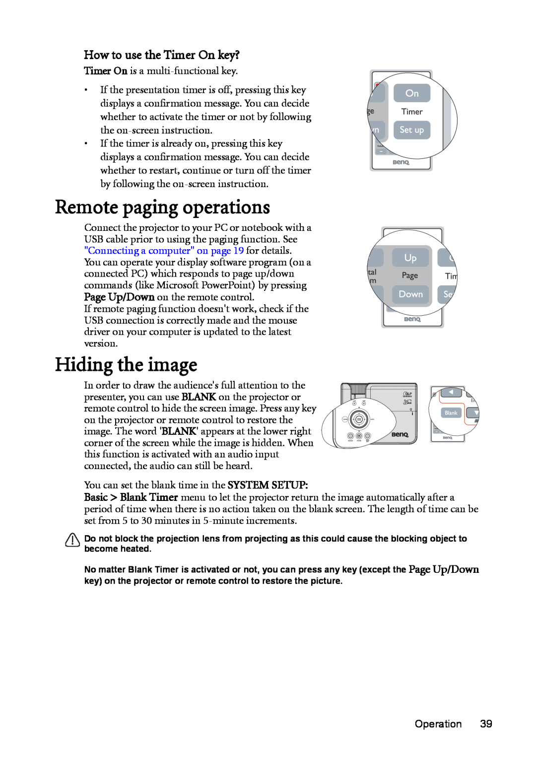 BenQ MP625P user manual Remote paging operations, Hiding the image, How to use the Timer On key? 