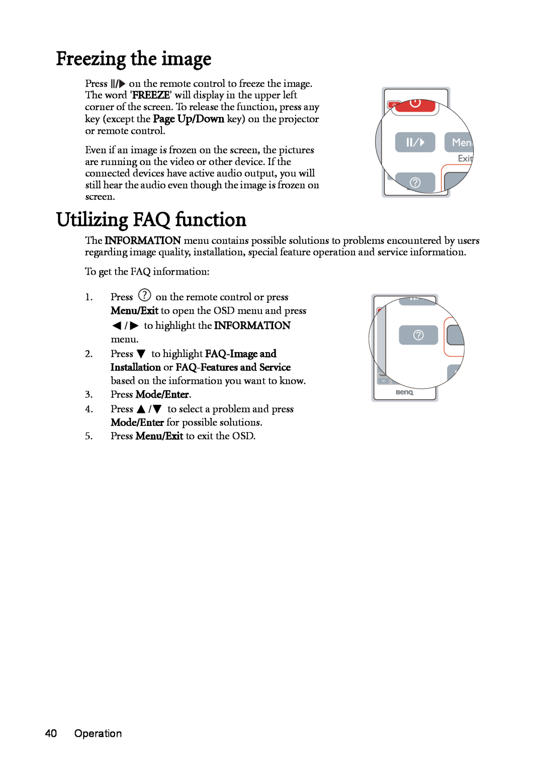 BenQ MP625P user manual Freezing the image, Utilizing FAQ function 