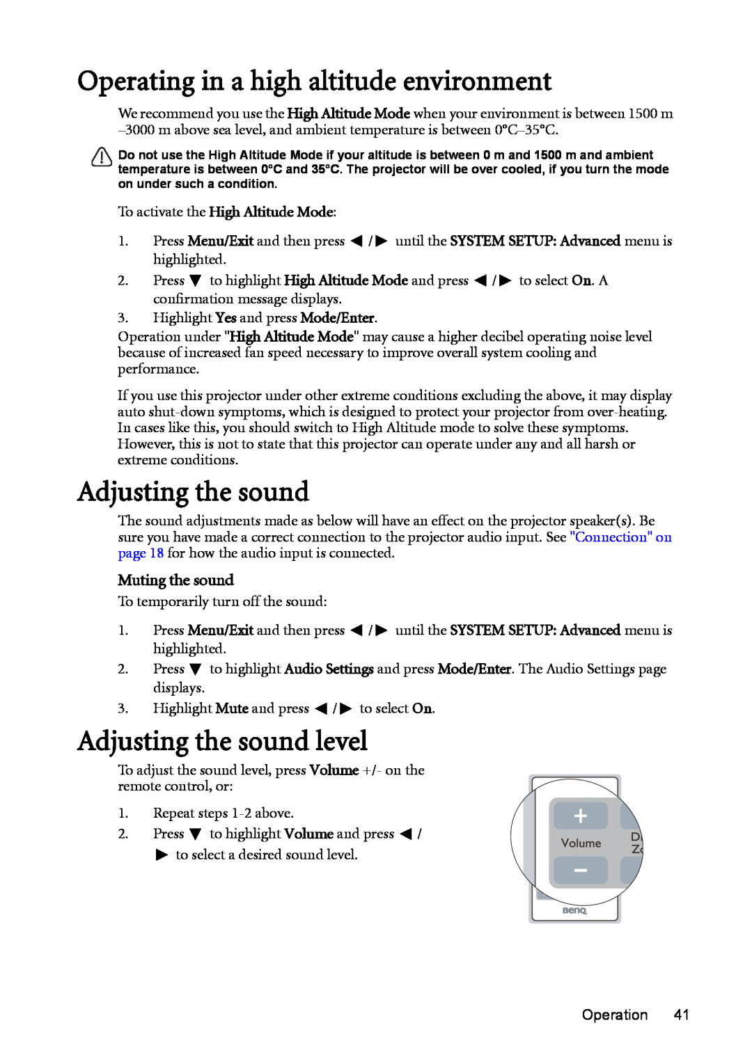 BenQ MP625P user manual Operating in a high altitude environment, Adjusting the sound level, Muting the sound 
