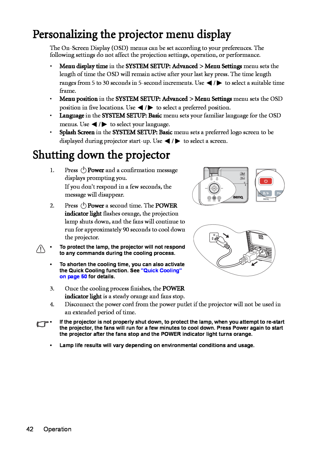 BenQ MP625P user manual Personalizing the projector menu display, Shutting down the projector 
