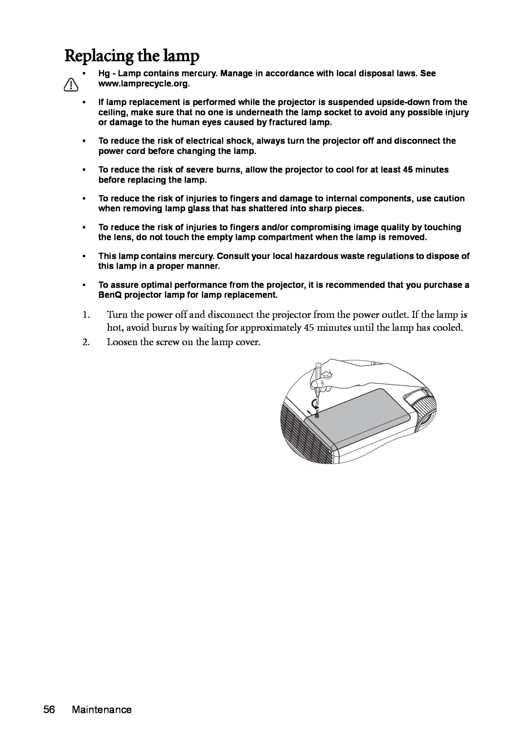 BenQ MP625P user manual Replacing the lamp, Loosen the screw on the lamp cover 