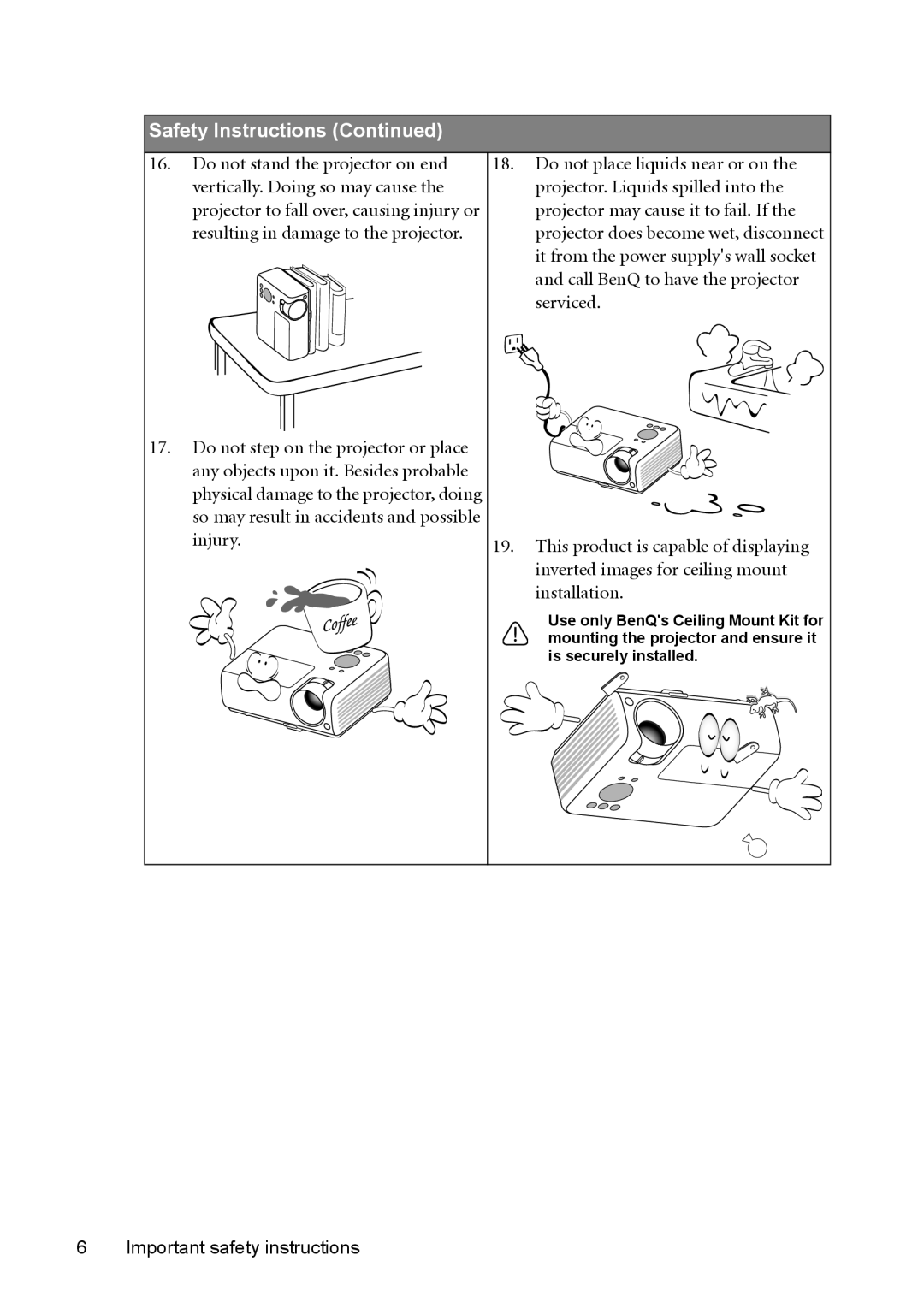 BenQ MP625P user manual Safety Instructions Continued, Important safety instructions 