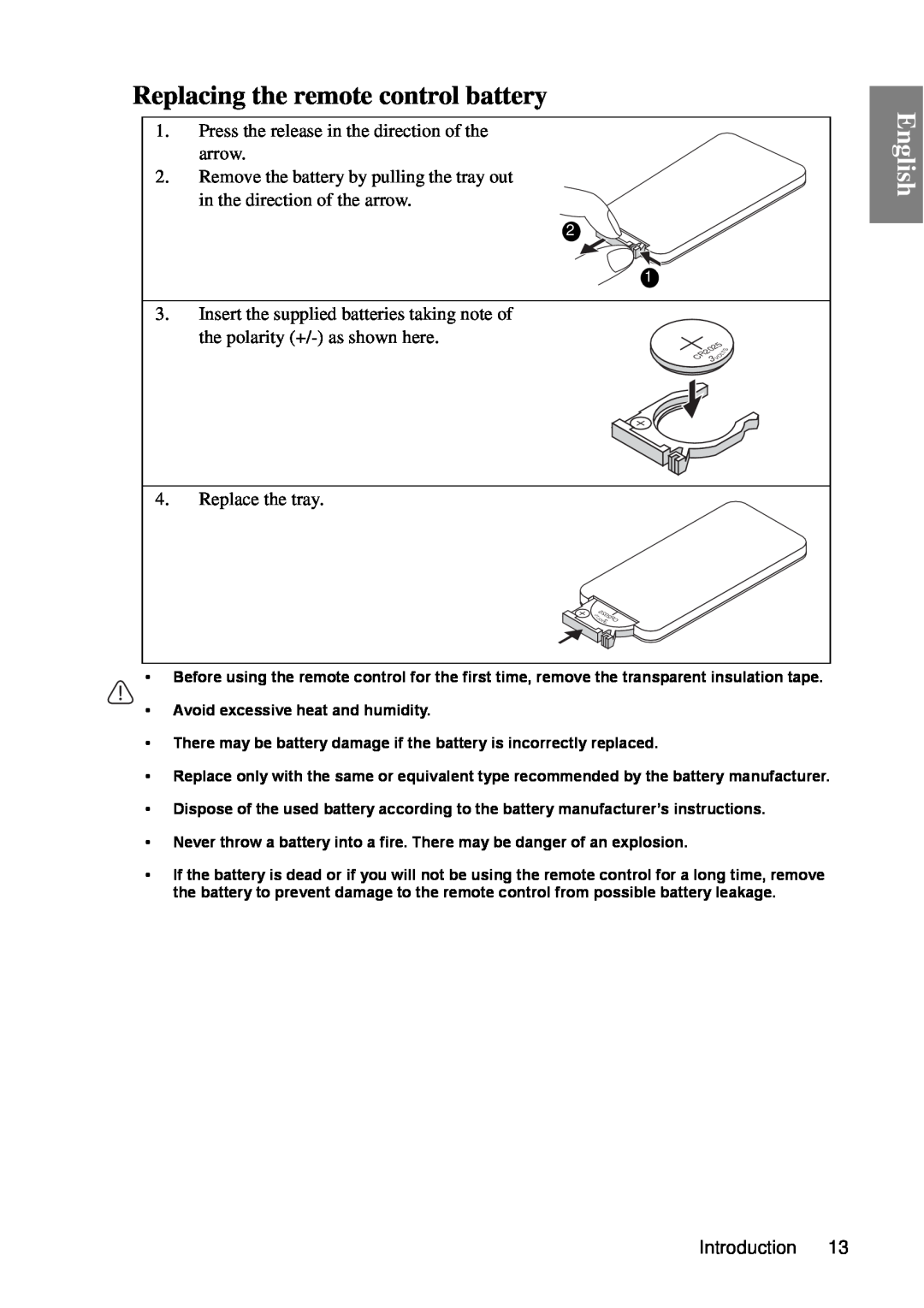 BenQ MP670 user manual Replacing the remote control battery, English, Insert the supplied batteries taking note of 