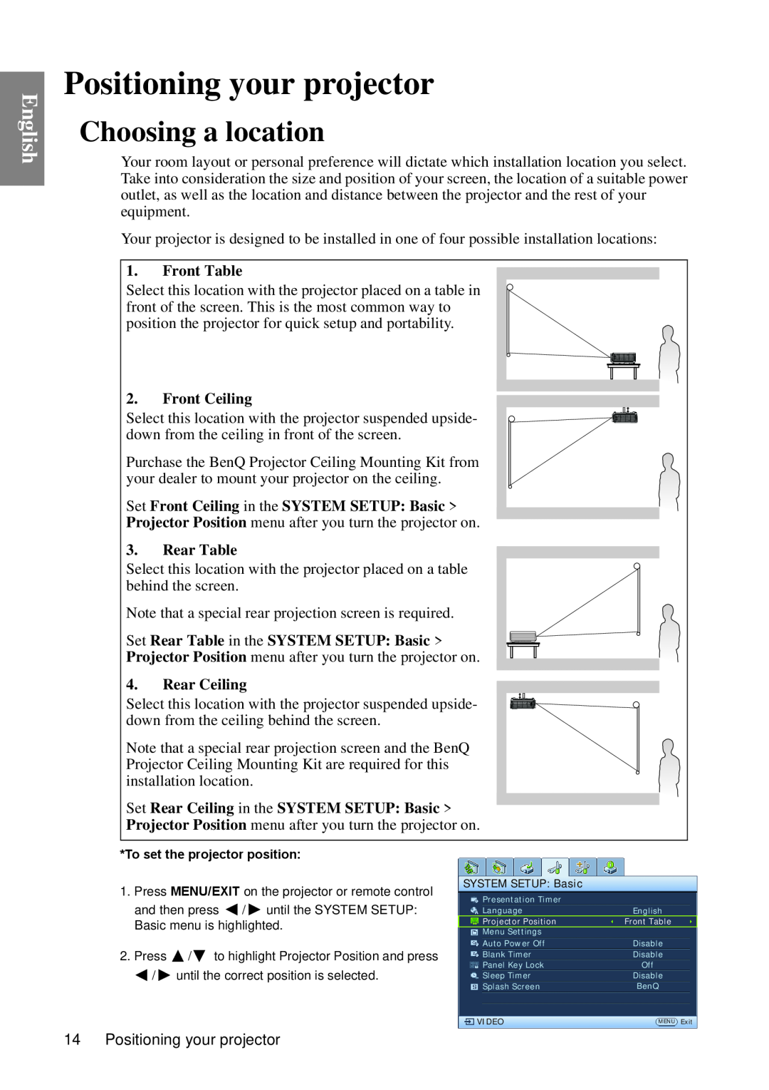 BenQ MP670 user manual Positioning your projector, Choosing a location, English 