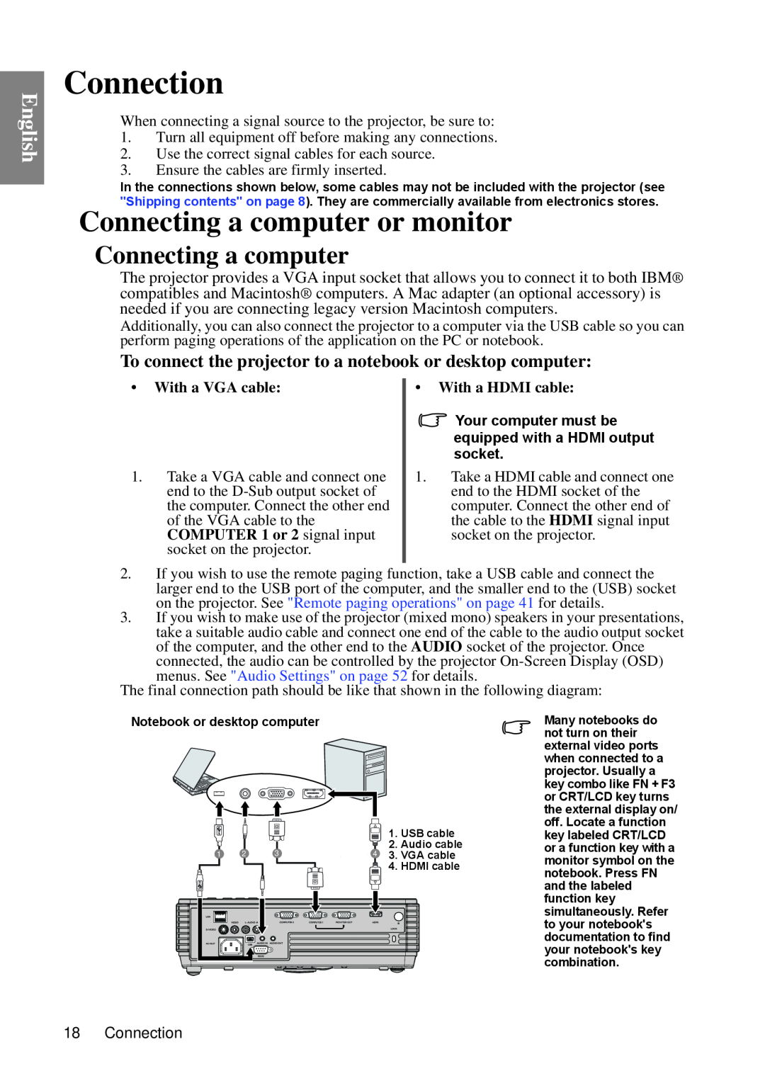BenQ MP670 Connection, Connecting a computer or monitor, To connect the projector to a notebook or desktop computer 