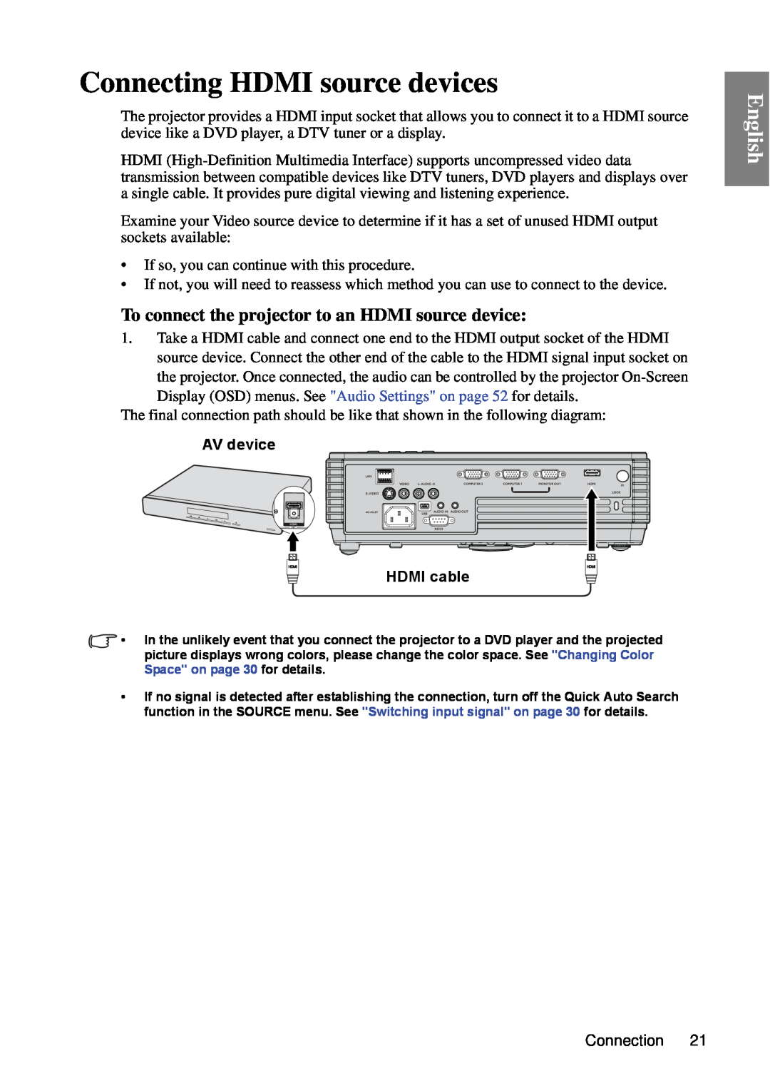 BenQ MP670 user manual Connecting HDMI source devices, To connect the projector to an HDMI source device, English 