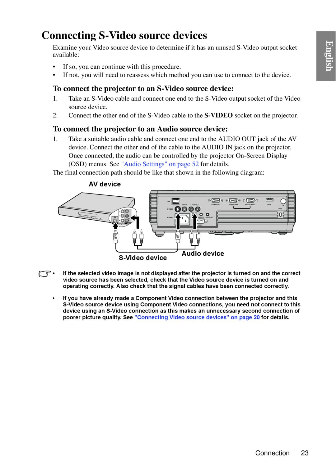 BenQ MP670 user manual Connecting S-Video source devices, To connect the projector to an S-Video source device, English 
