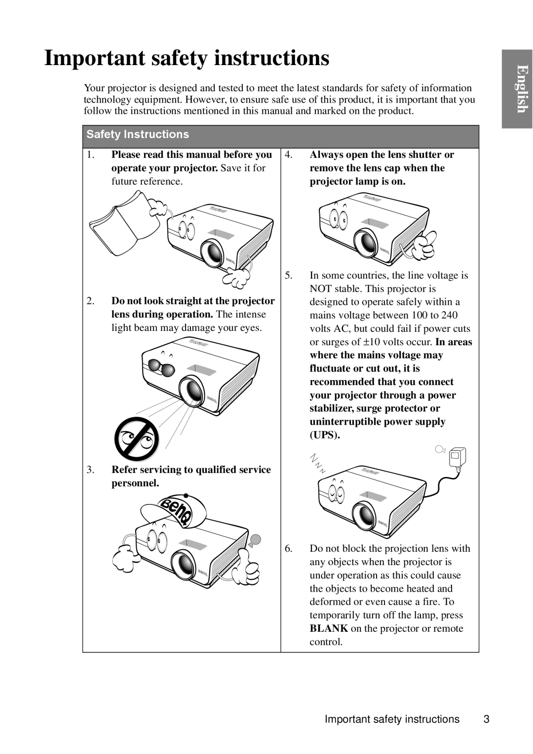BenQ MP670 user manual Important safety instructions, English, Safety Instructions 