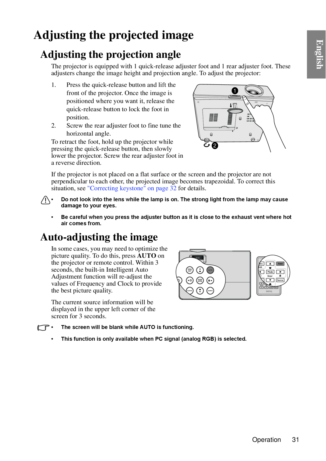 BenQ MP670 user manual Adjusting the projected image, Adjusting the projection angle, Auto-adjusting the image, English 