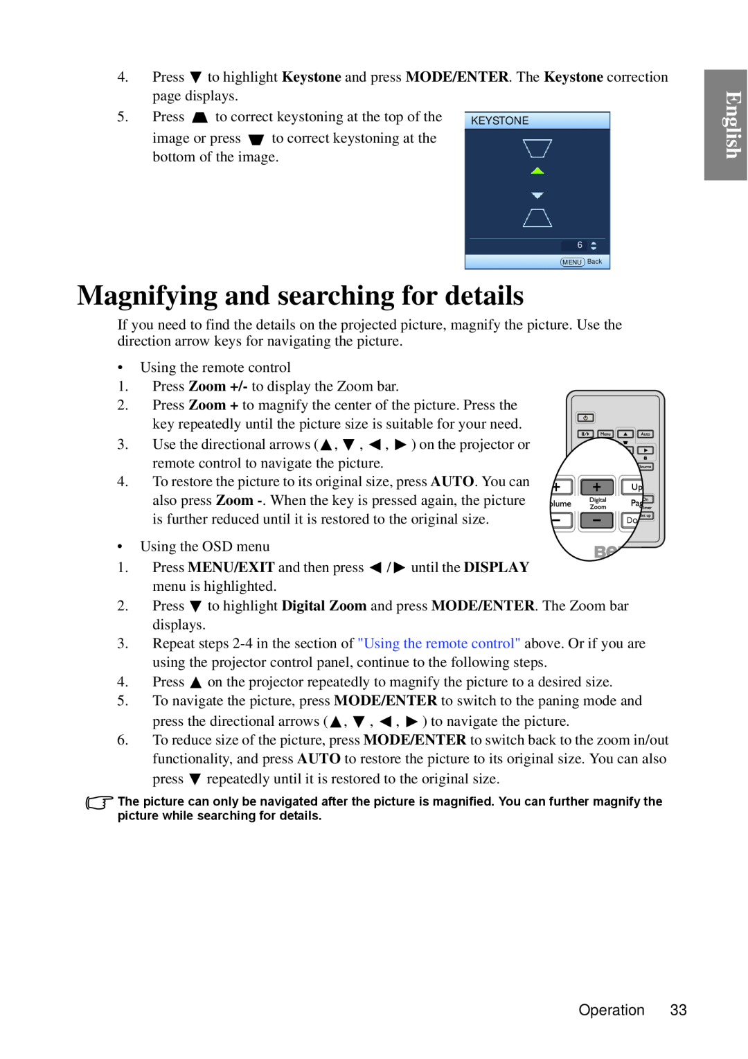 BenQ MP670 user manual Magnifying and searching for details, Keystone 