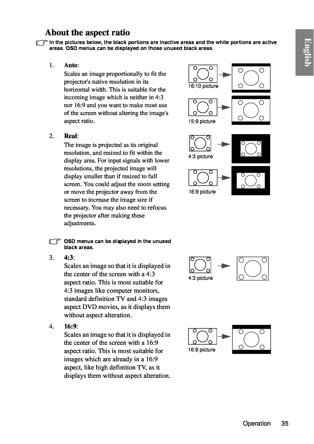 BenQ MP670 user manual About the aspect ratio, Real, English 