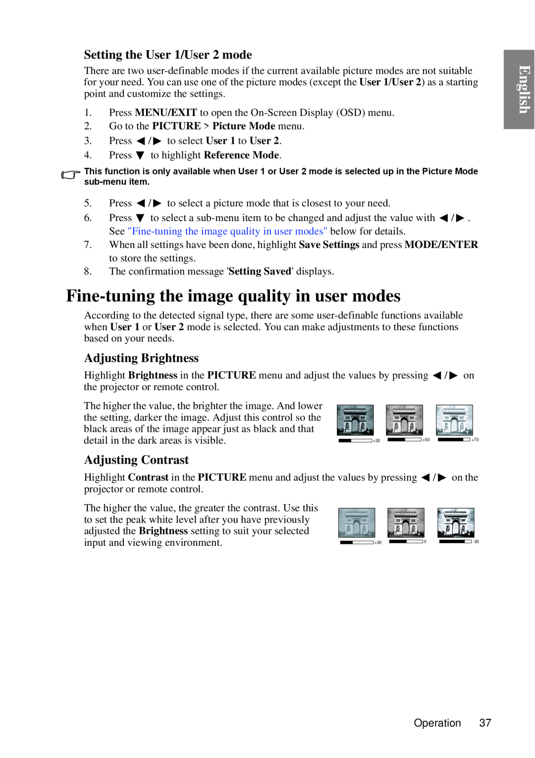 BenQ MP670 Fine-tuning the image quality in user modes, Setting the User 1/User 2 mode, Adjusting Brightness, English 