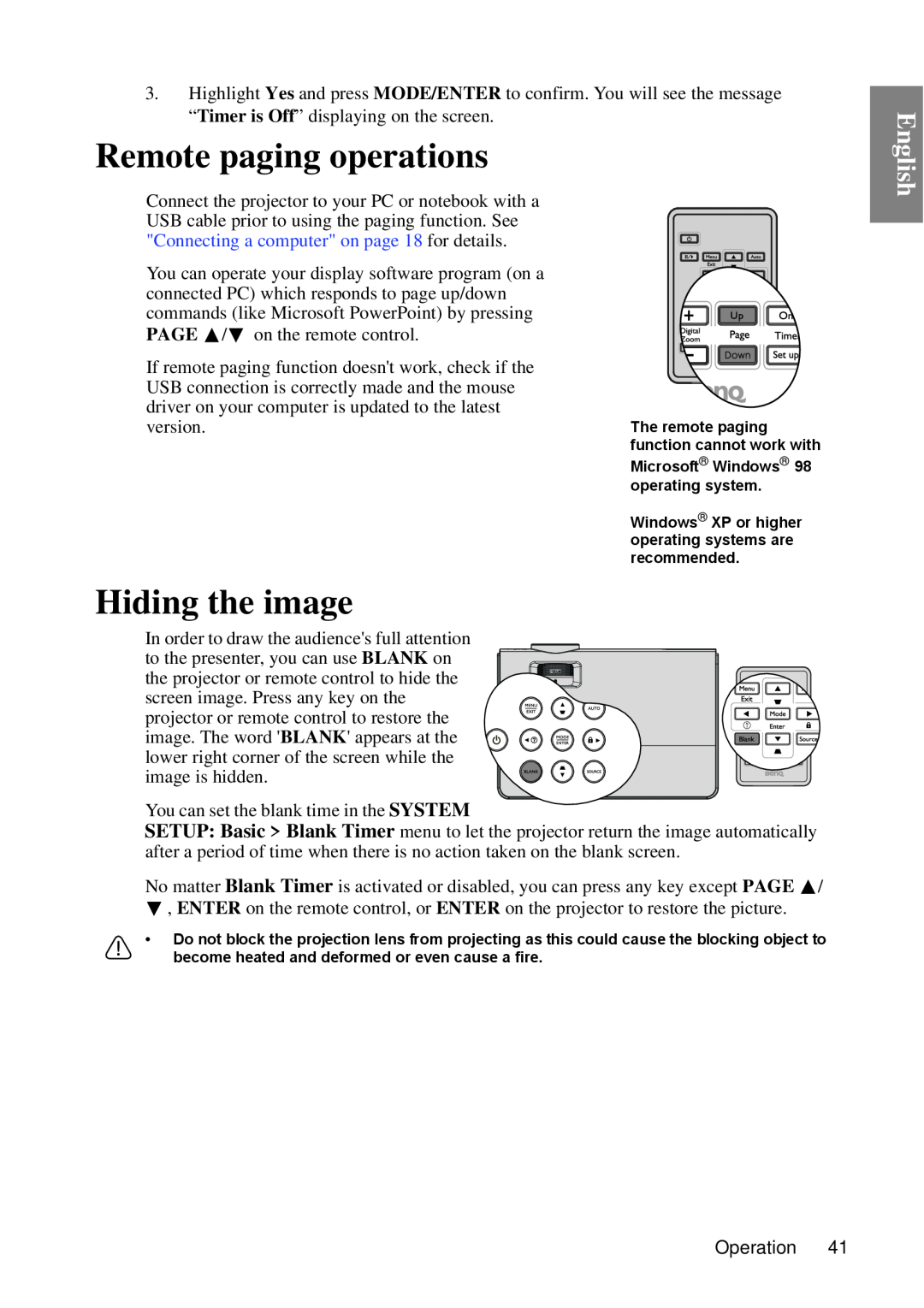 BenQ MP670 user manual Remote paging operations, Hiding the image, English, Page 