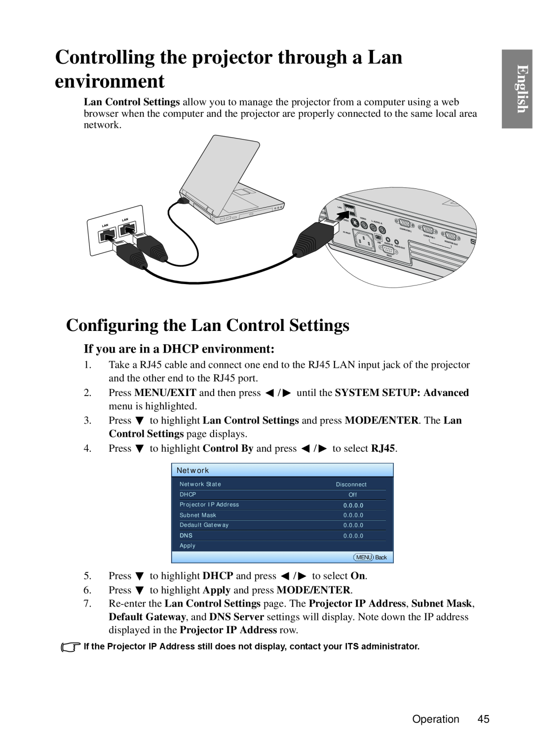 BenQ MP670 user manual Controlling the projector through a Lan environment, Configuring the Lan Control Settings, English 