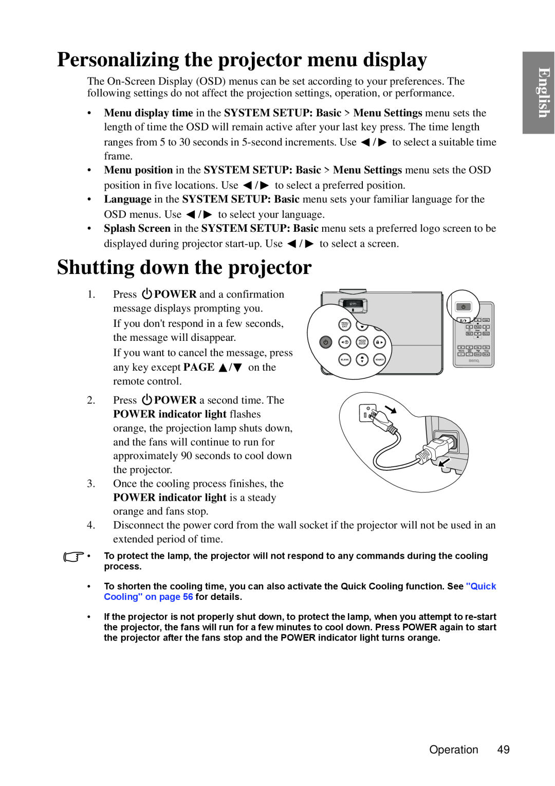 BenQ MP670 user manual Personalizing the projector menu display, Shutting down the projector, English 