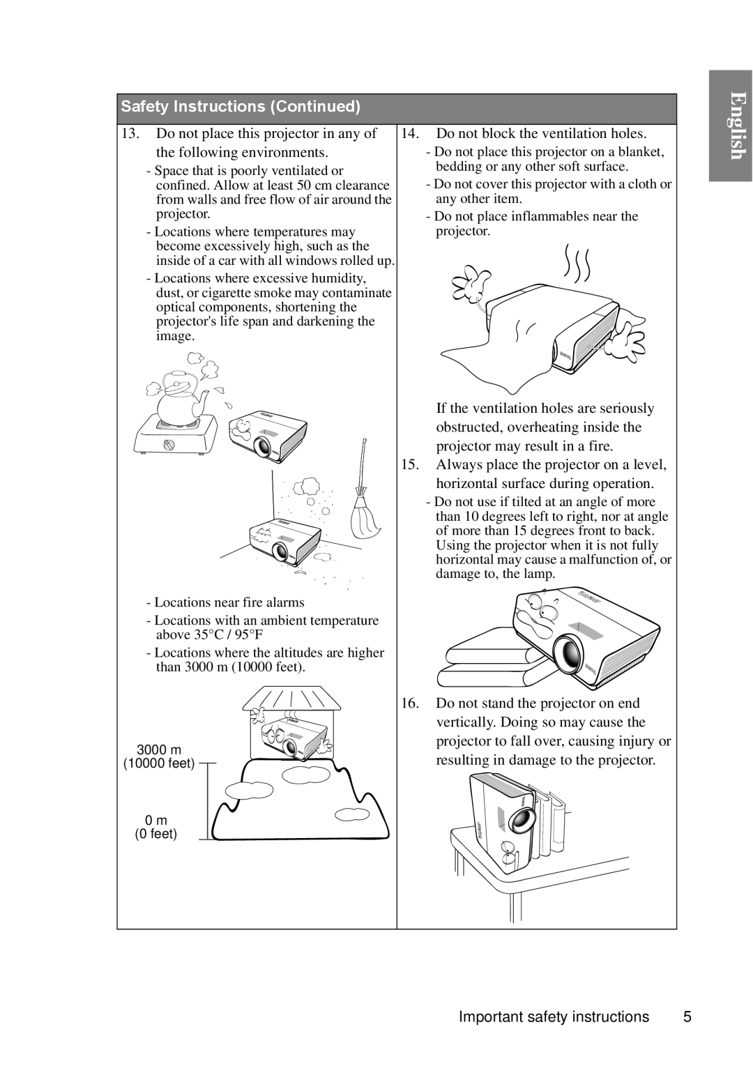 BenQ MP670 English, Safety Instructions Continued, Do not place this projector in any of the following environments 