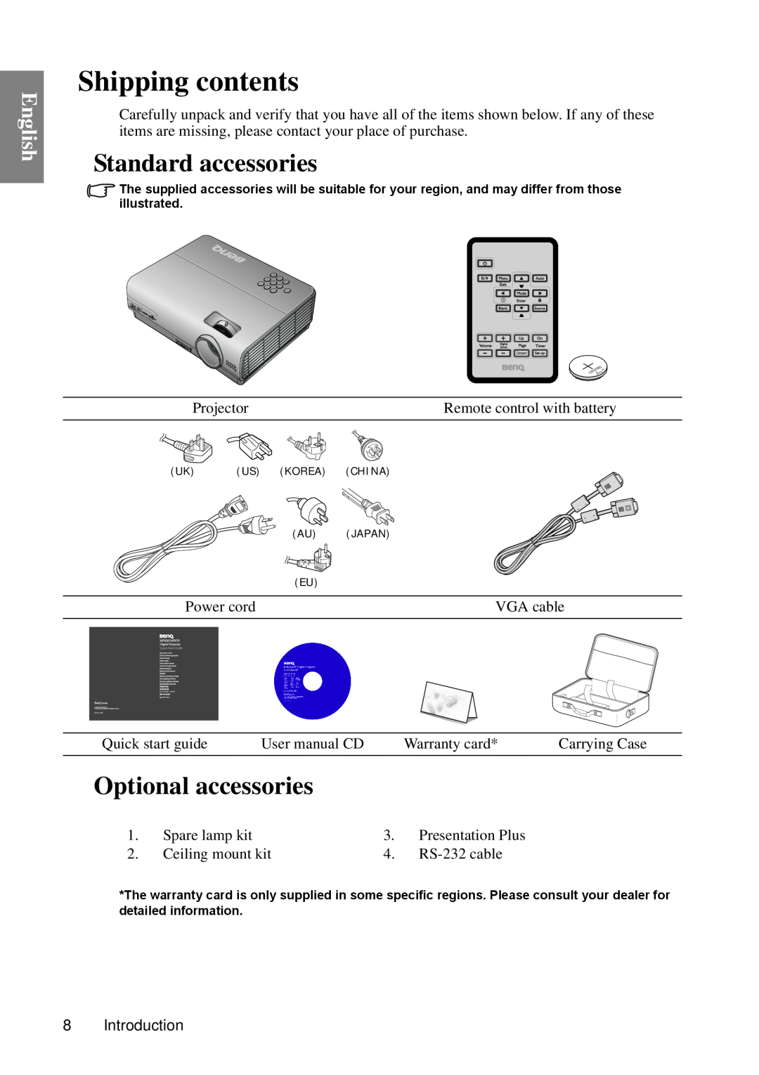 BenQ MP670 user manual Shipping contents, Standard accessories, Optional accessories, English 