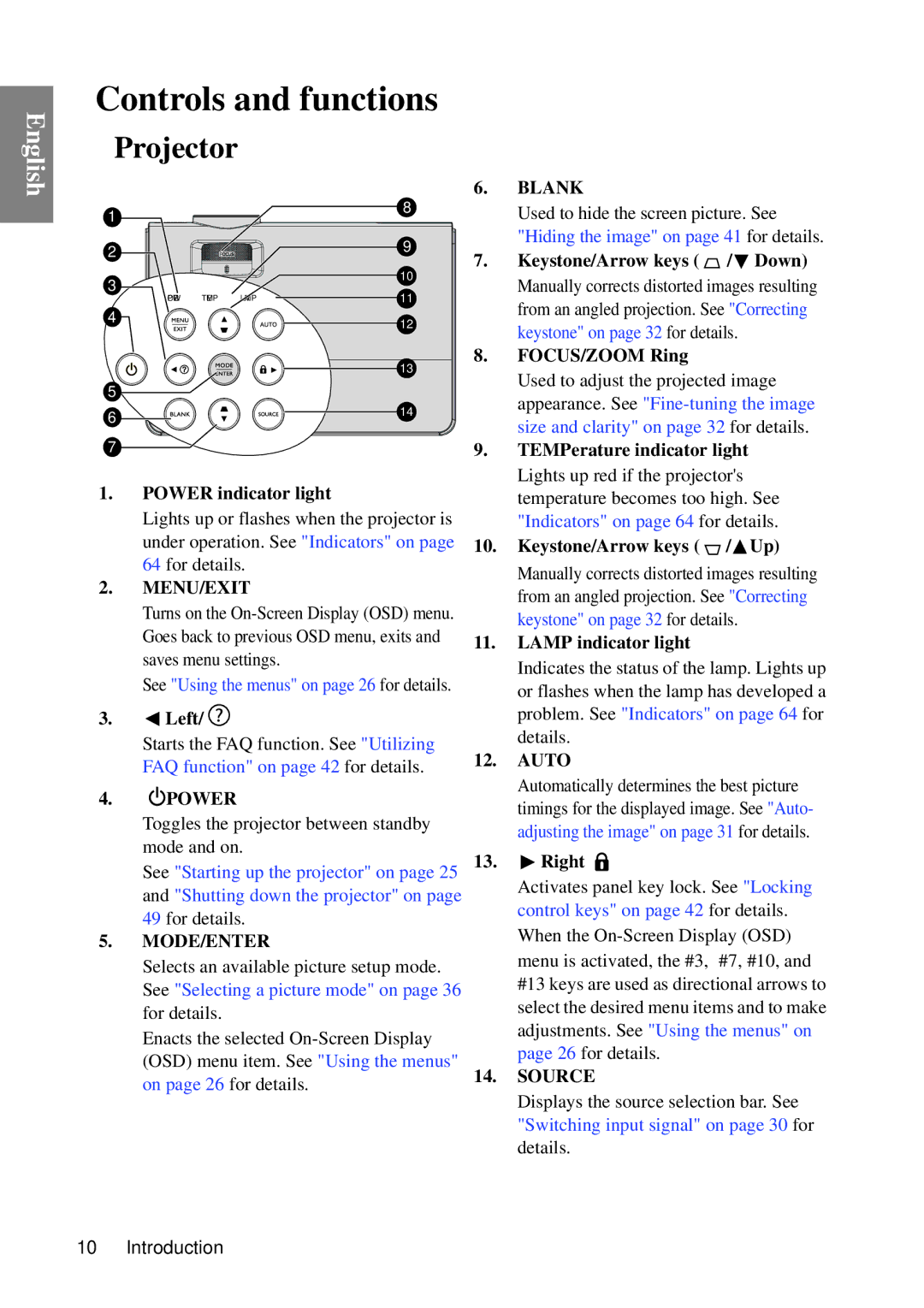 BenQ MP670 user manual Controls and functions, Projector 