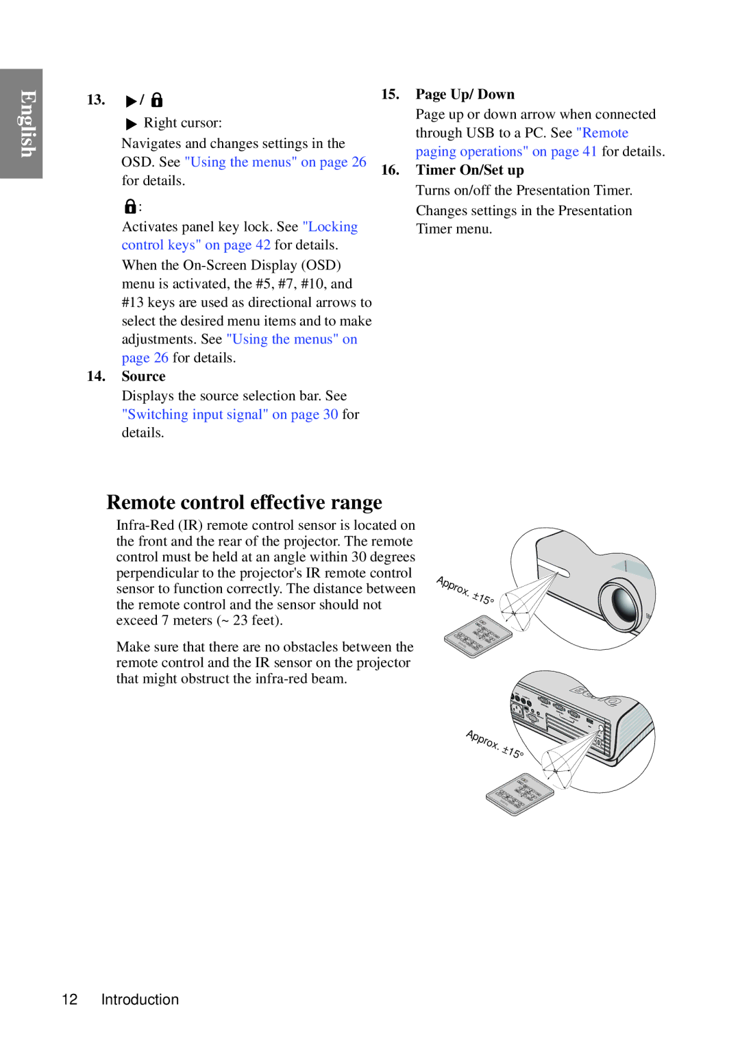 BenQ MP670 user manual Remote control effective range, Source, Up/ Down, Timer On/Set up 