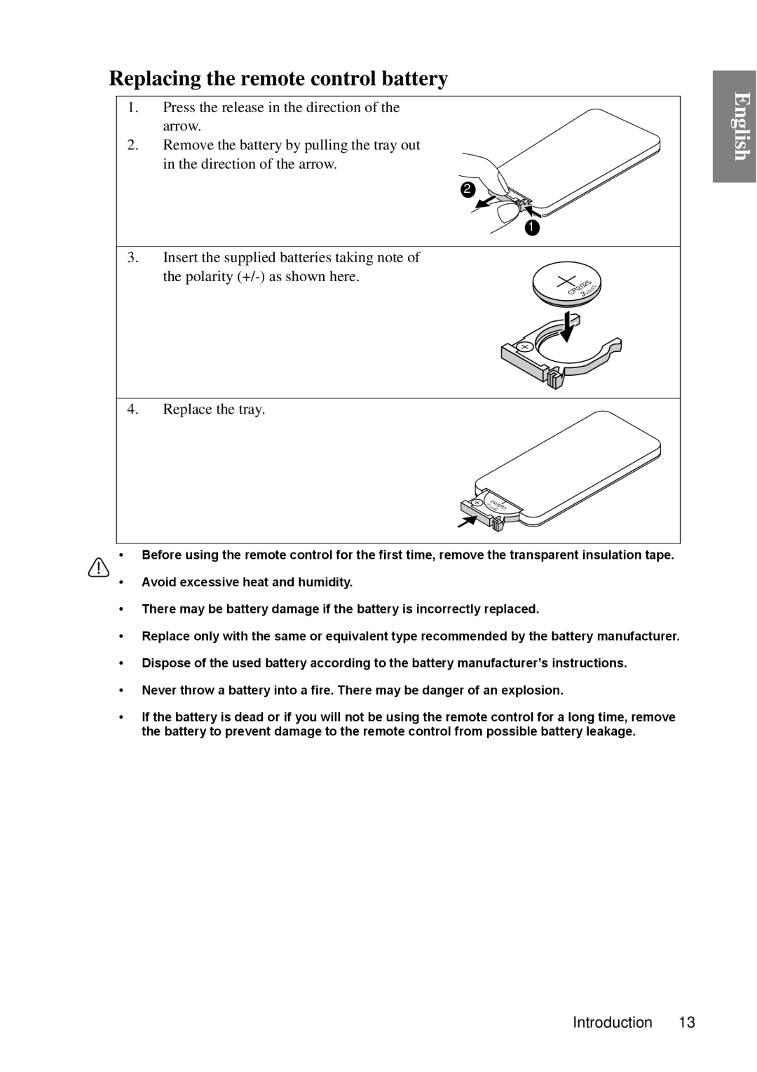 BenQ MP670 user manual Replacing the remote control battery, Replace the tray 