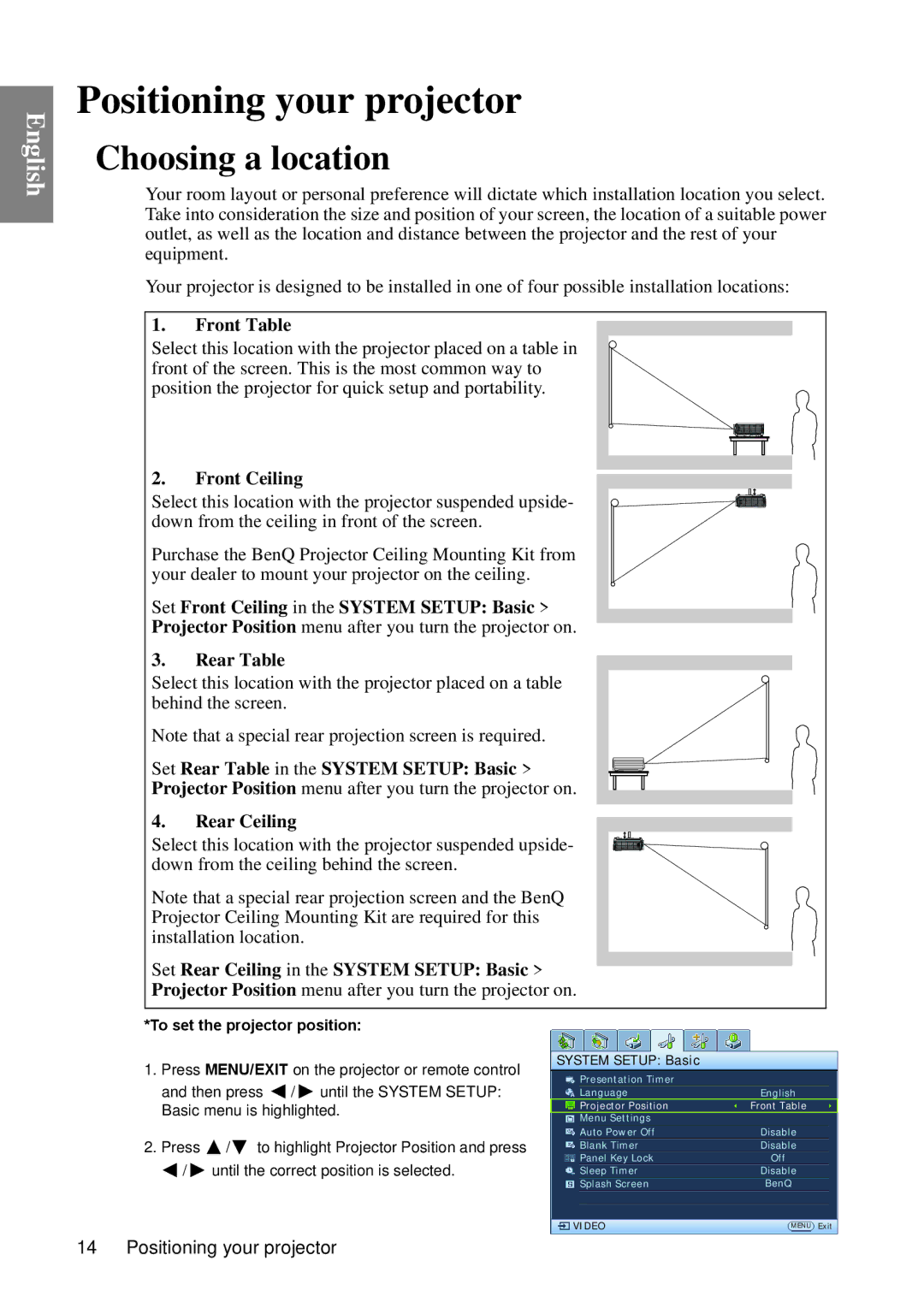 BenQ MP670 user manual Positioning your projector, Choosing a location 