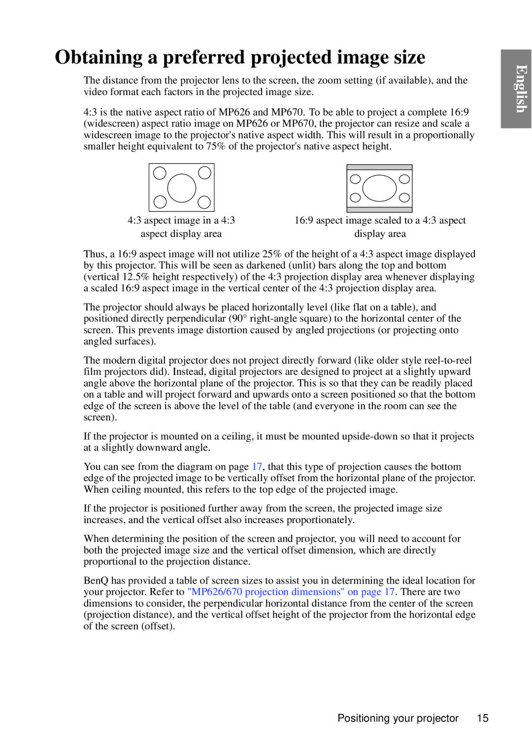 BenQ MP670 user manual Obtaining a preferred projected image size, Aspect display area Display area 