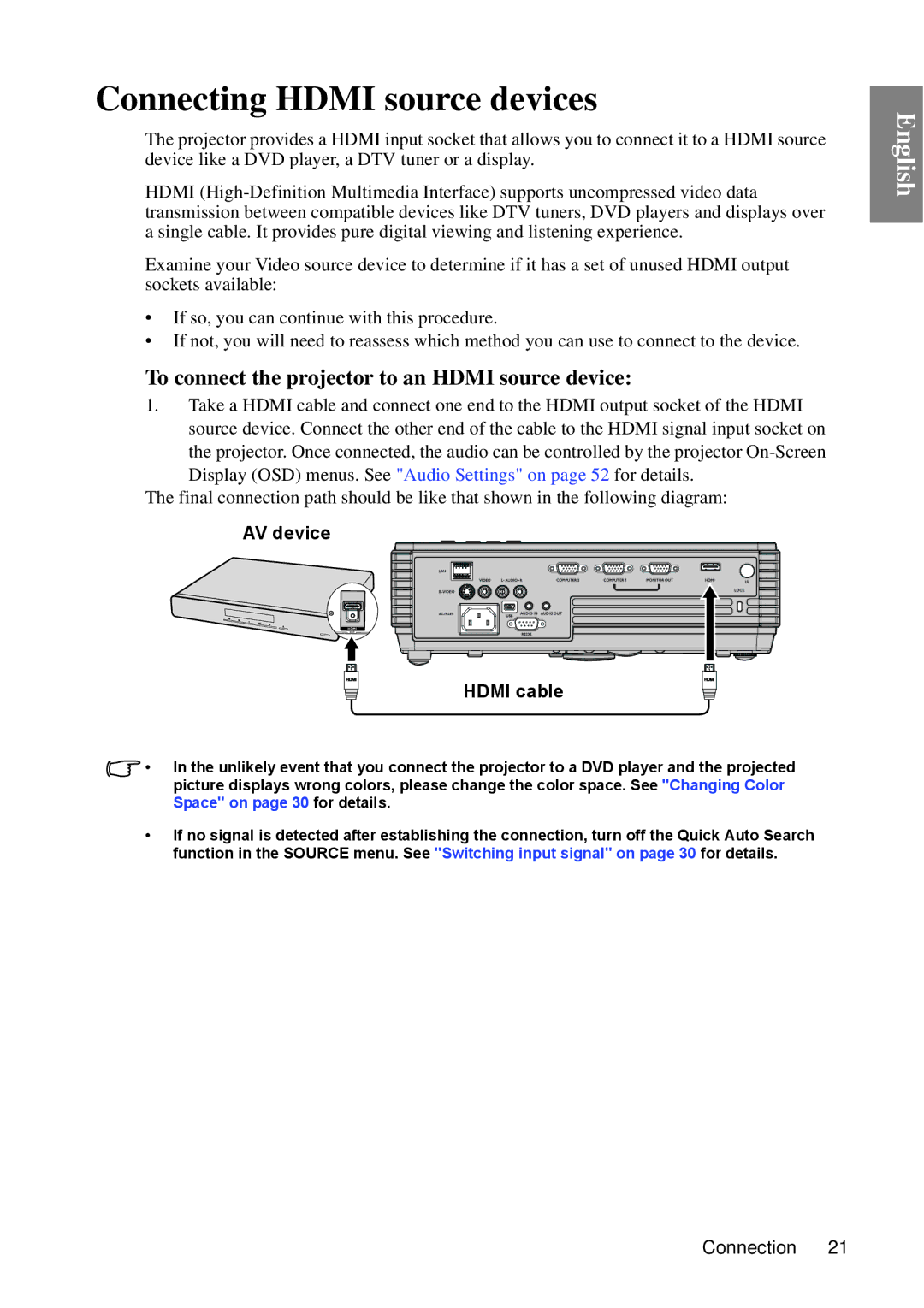 BenQ MP670 Connecting Hdmi source devices, To connect the projector to an Hdmi source device, AV device, Hdmi cable 